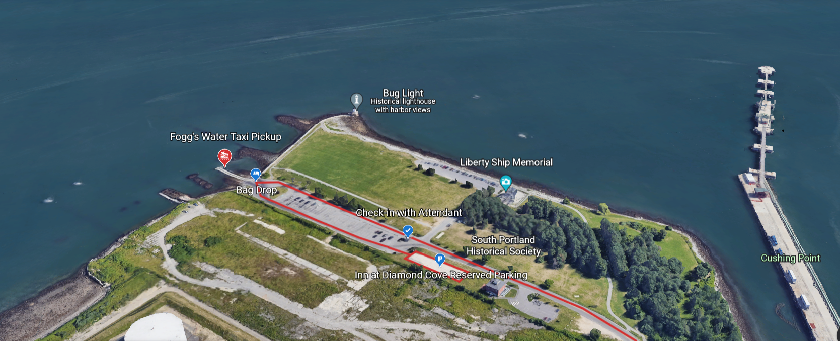 Satellite view of Fogg's Water Taxi Pickup and Bug Light House