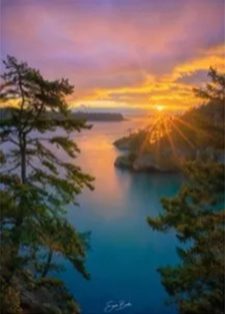 Painting of San Juan islands at sunset