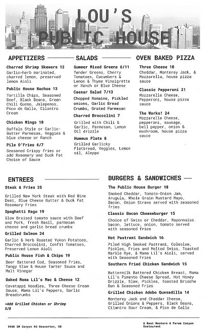 Restaurant menu with appetizers, salads, pizzas, entrees, and sandwiches