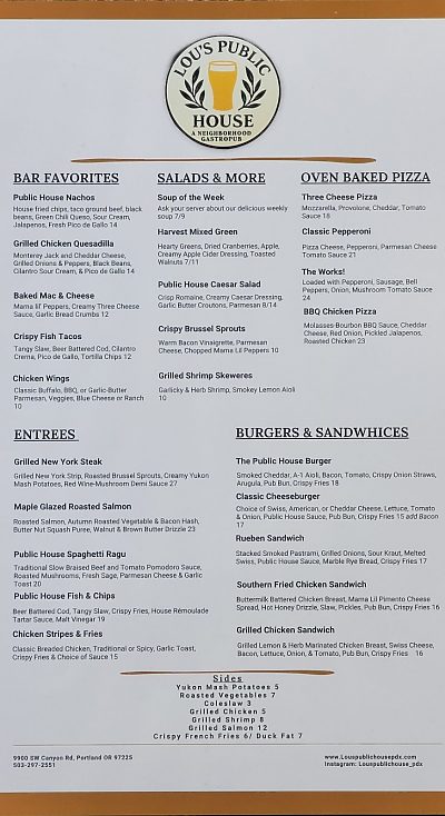Restaurant menu with appetizers, salads, pizzas, entrees, and sandwiches