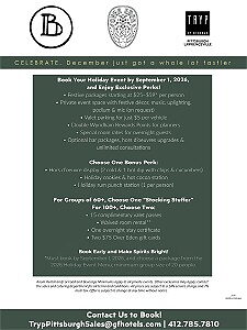 Flyer promoting TRYP by Wyndham Pittsburgh Lawrenceville's 2026 Holiday Event Packages in partnership with Over Eden. The flyer highlights holiday party packages.