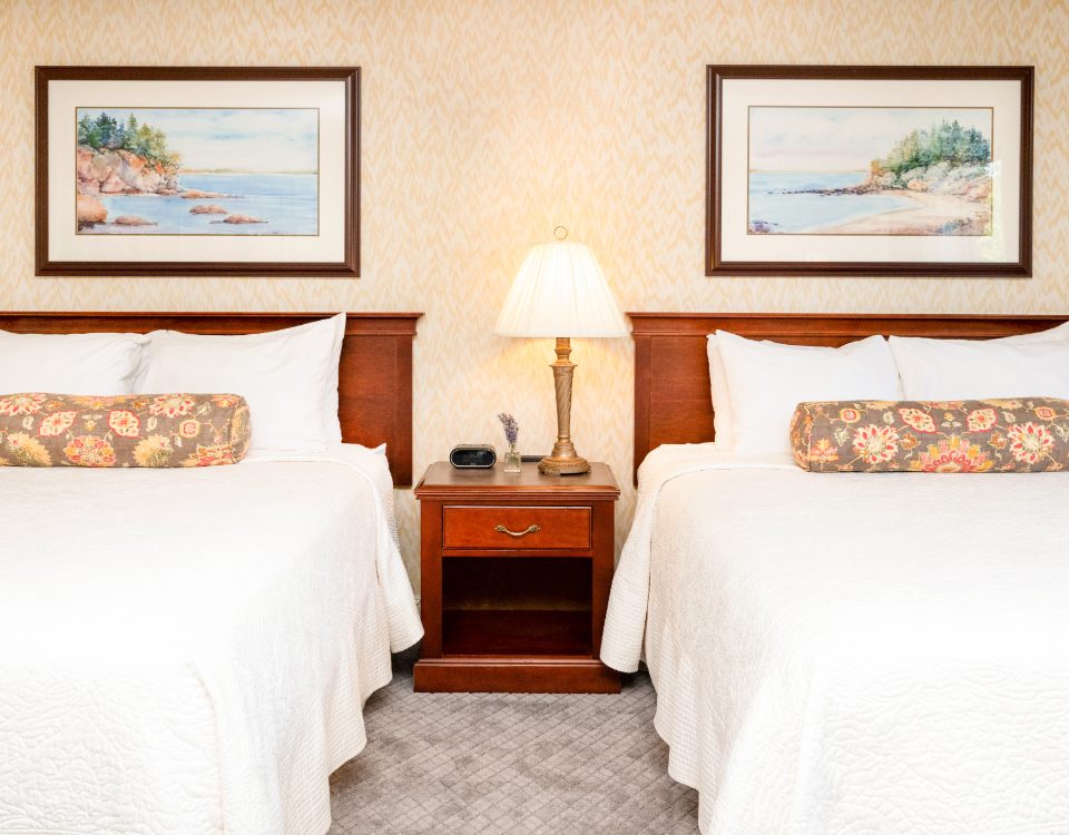 a hotel room with two beds and a lamp on