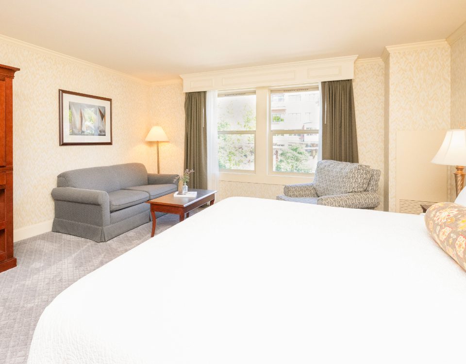 hotel room with a king bed