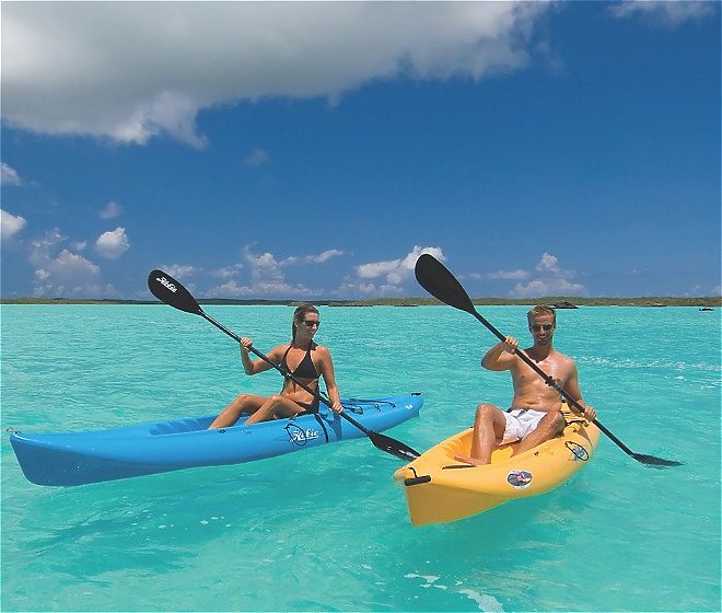 Two people paddle boarding