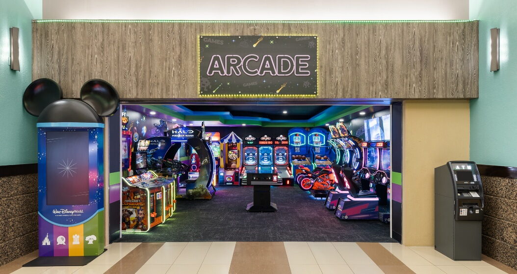 Hotel lobby with arcade and movie theater