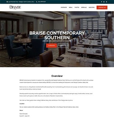 screenshot representing the Braise Contemporary Southern restaurant website in wide view