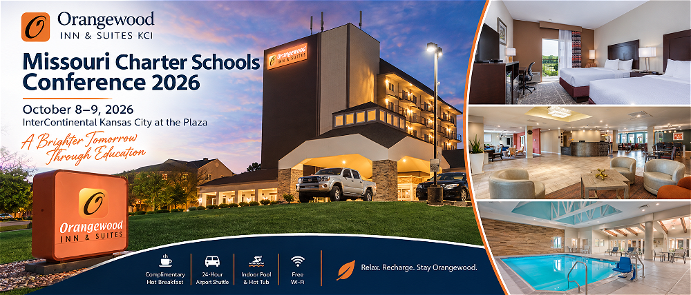Missouri Charter Schools Conference 2026 hotel near Kansas City with Orangewood Inn & Suites KCI guest room, lobby, indoor pool and exterior views