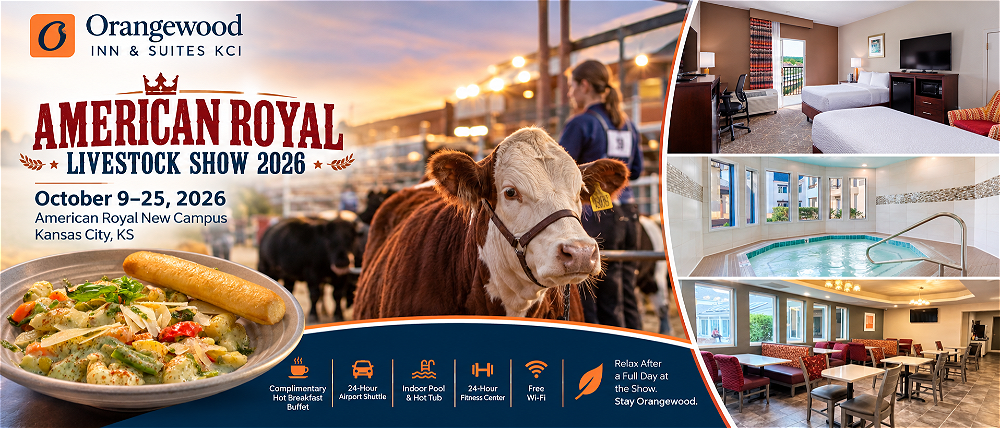 American Royal Livestock Show 2026 hotel near Kansas City with Orangewood Inn & Suites KCI guest room, indoor hot tub, dining and comfortable seating area.