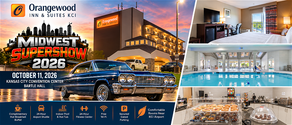 Hotel near Midwest SuperShow 2026 featuring Orangewood Inn & Suites KCI, guest room, indoor pool, complimentary breakfast and hotel exterior.