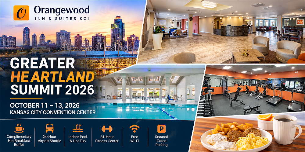 Greater Heartland Summit 2026 hotel banner featuring Orangewood Inn & Suites KCI lobby, indoor pool, fitness center and complimentary breakfast.