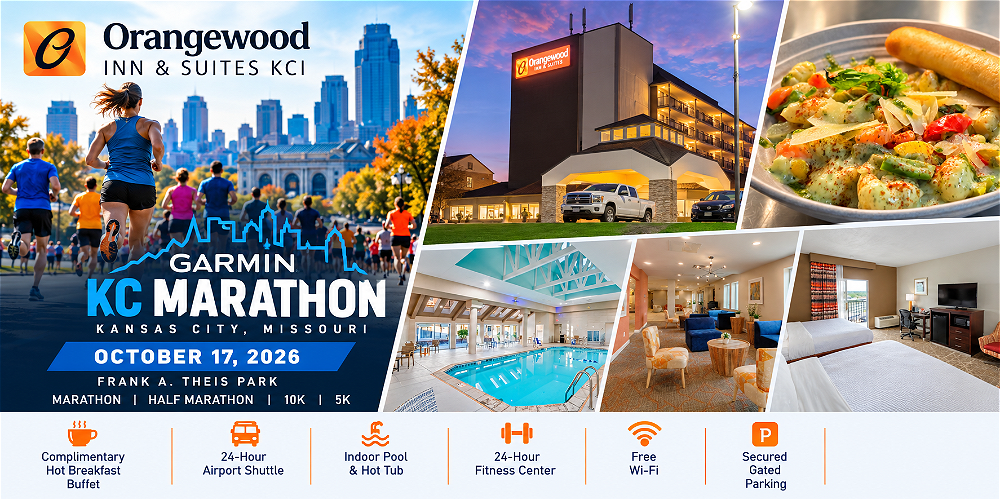 Garmin KC Marathon 2026 Orangewood Inn & Suites KCI guest room, indoor pool, lobby, dining and hotel exterior