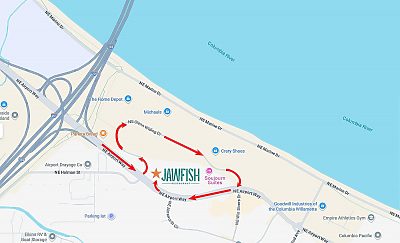 Map showing how to drive to the Jawfish Restaurant in Portland