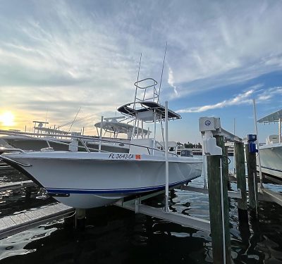 boats docked along waterfront behind homes